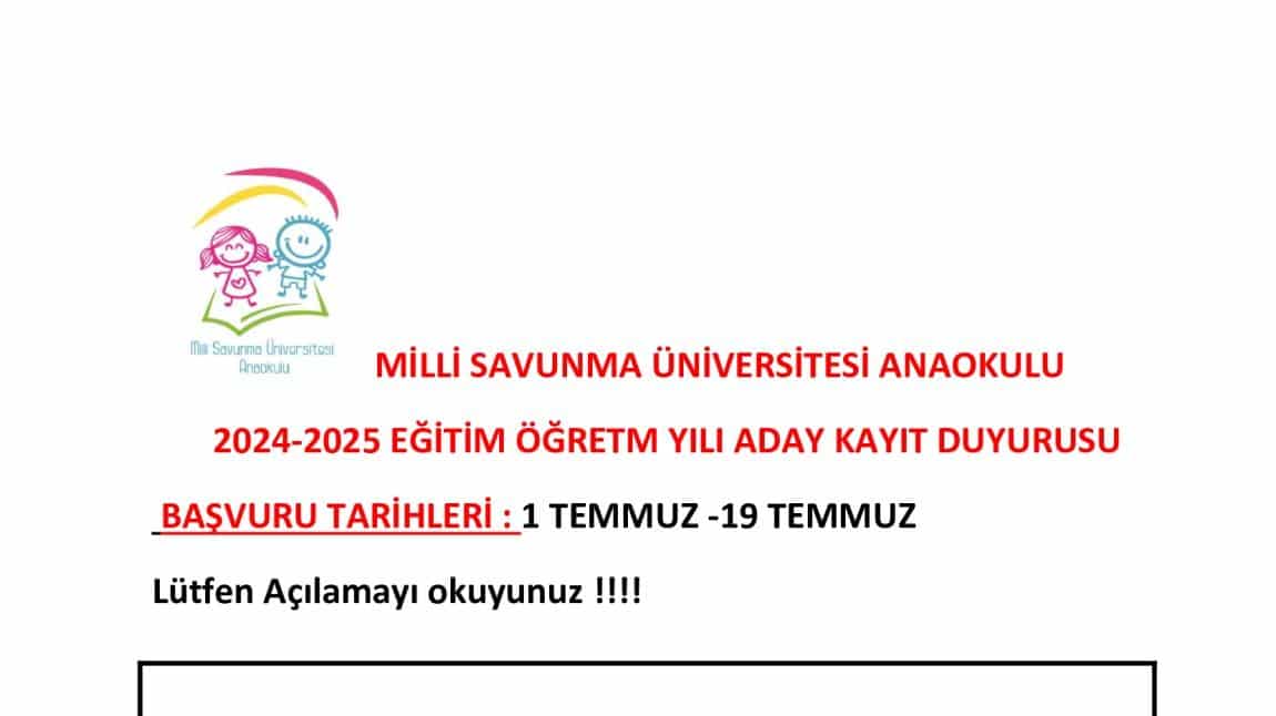 2024-2025 EĞİTİM ÖĞRETİM YILI ADAY KAYIT DUYURUSU